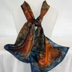 Orange and Navy Blue Medium Long Silk Scarf