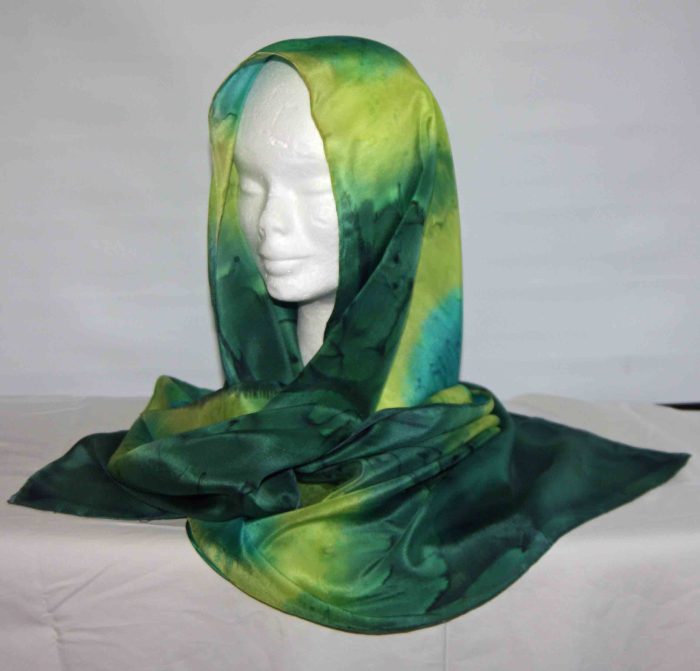 Peacock Blue, Lime and Dark Green Large Long Silk Scarf - Image 3