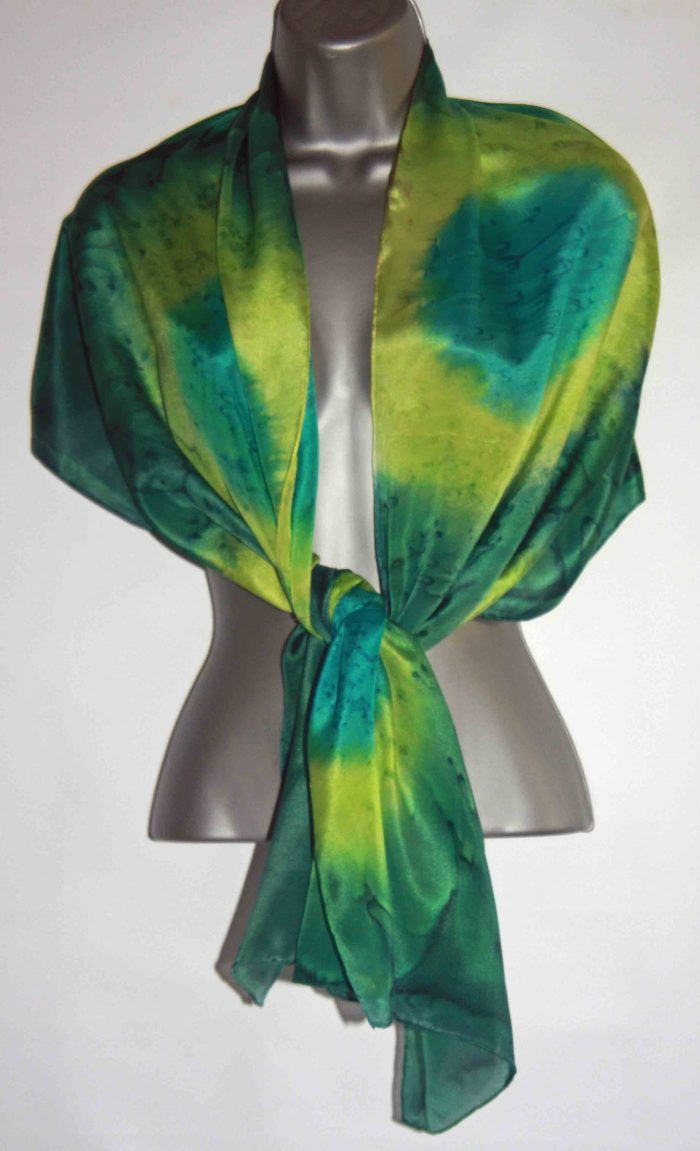 Peacock Blue, Lime and Dark Green Large Long Silk Scarf - Image 2