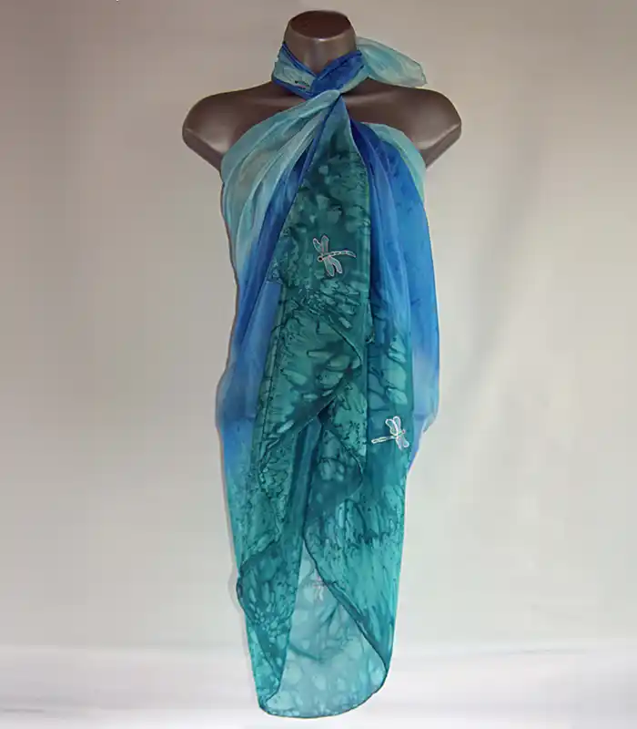 Blue and Green Dragonfly Silk Sarong-1 Blue and Green Dragonfly Silk Sarong by Designs on Silk