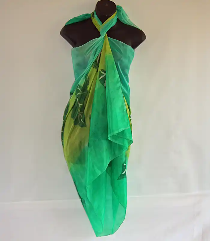 Green Silk Sarong with Tropical Leaves-1 Green Silk Sarong with Tropical Leaves by Designs on Silk