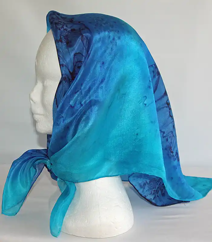 Navy, Royal Blue and Turquoise Square Silk Scarf Headscarf-1 Navy Blue, Royal Blue and Turquoise Square Silk Headscarf from Designs on Silk