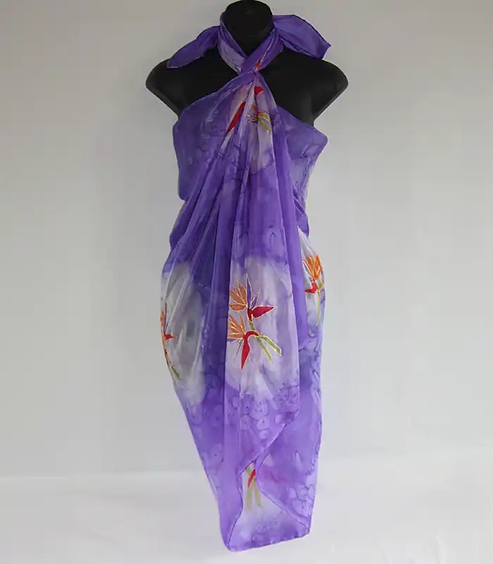 Purple Silk Sarong with Birds of Paradise Flower Design-1 Purple Silk Sarong with Birds of Paradise by Designs on Silk