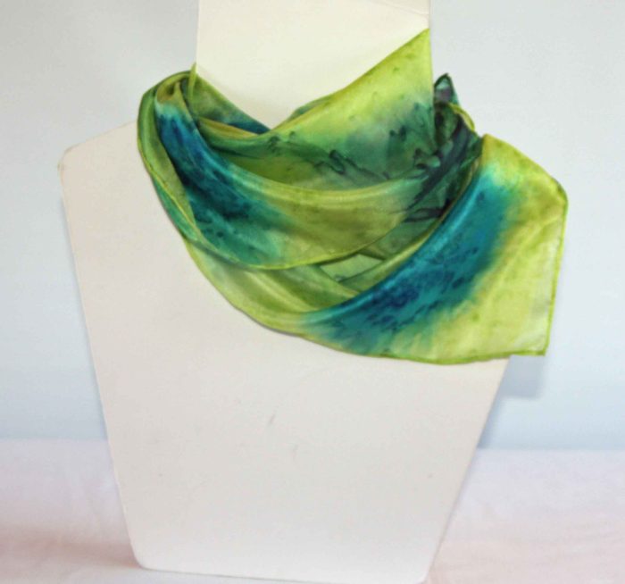 Peacock, Lime and Dark Green Small Long Silk Scarf - Image 2