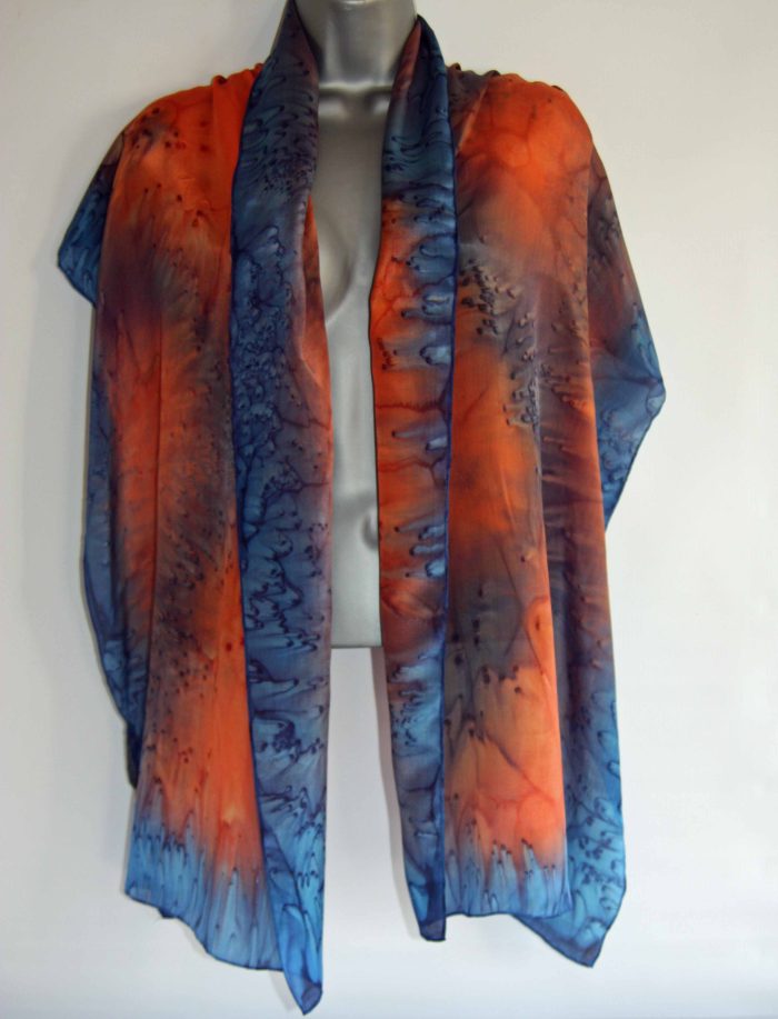 Orange and Navy Large Long Silk Scarf - Image 4