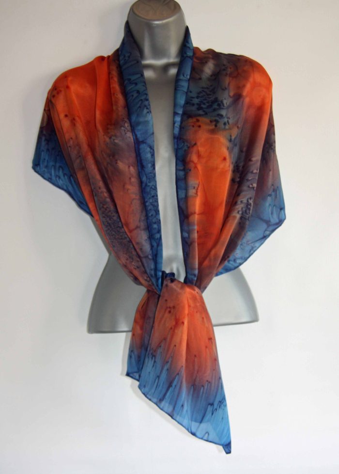 Orange and Navy Large Long Silk Scarf - Image 3