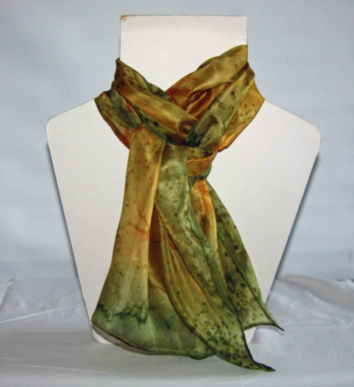 Olive Green and Golden Yellow Medium Long Silk Scarf - Image 3