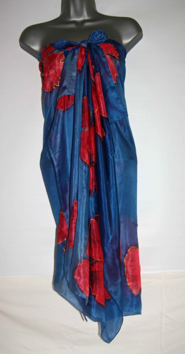 Poppies on Navy Blue Silk Sarong - Image 2